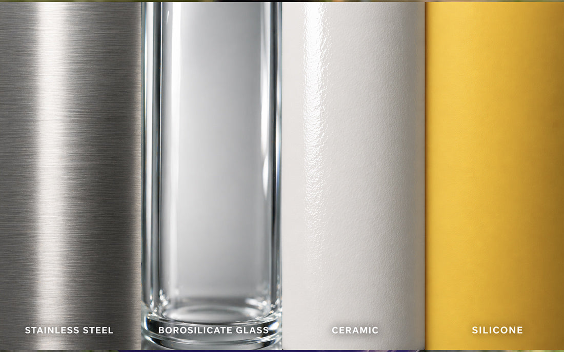 Material options: stainless steel, glass, ceramic, silicone