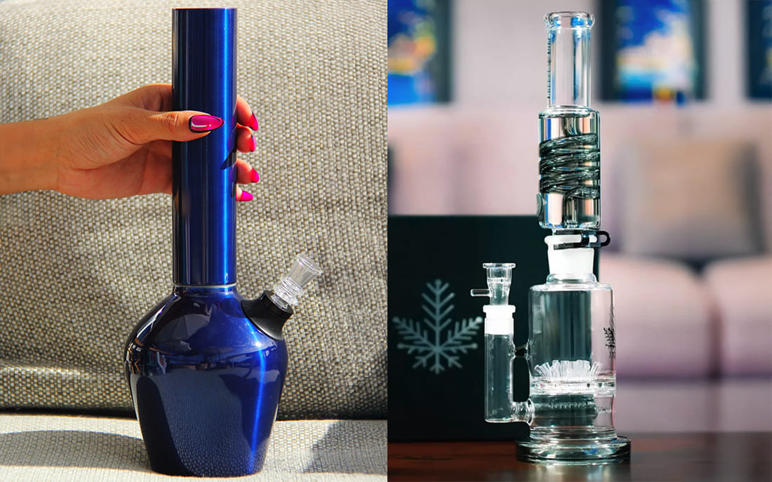 Blue and clear bongs on display