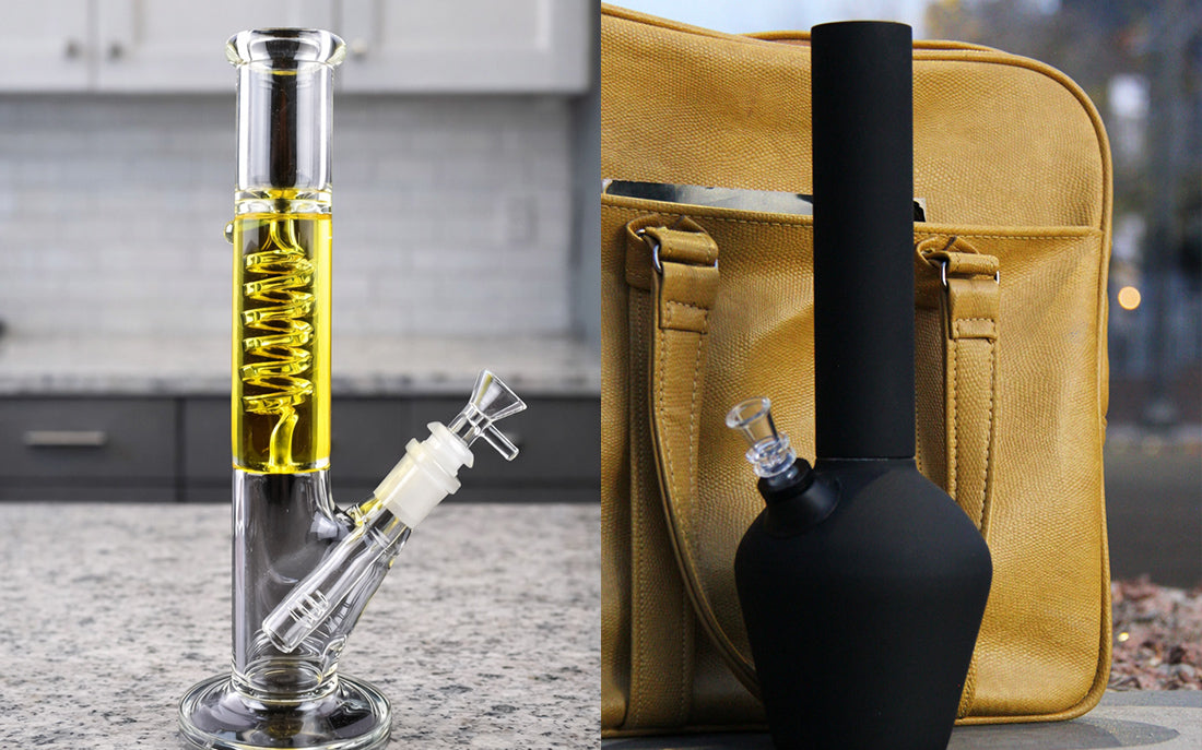 Glass and silicone bongs on counter