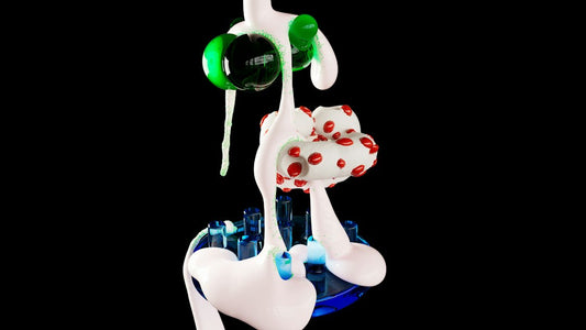 Abstract shiny figure with green and red shapes